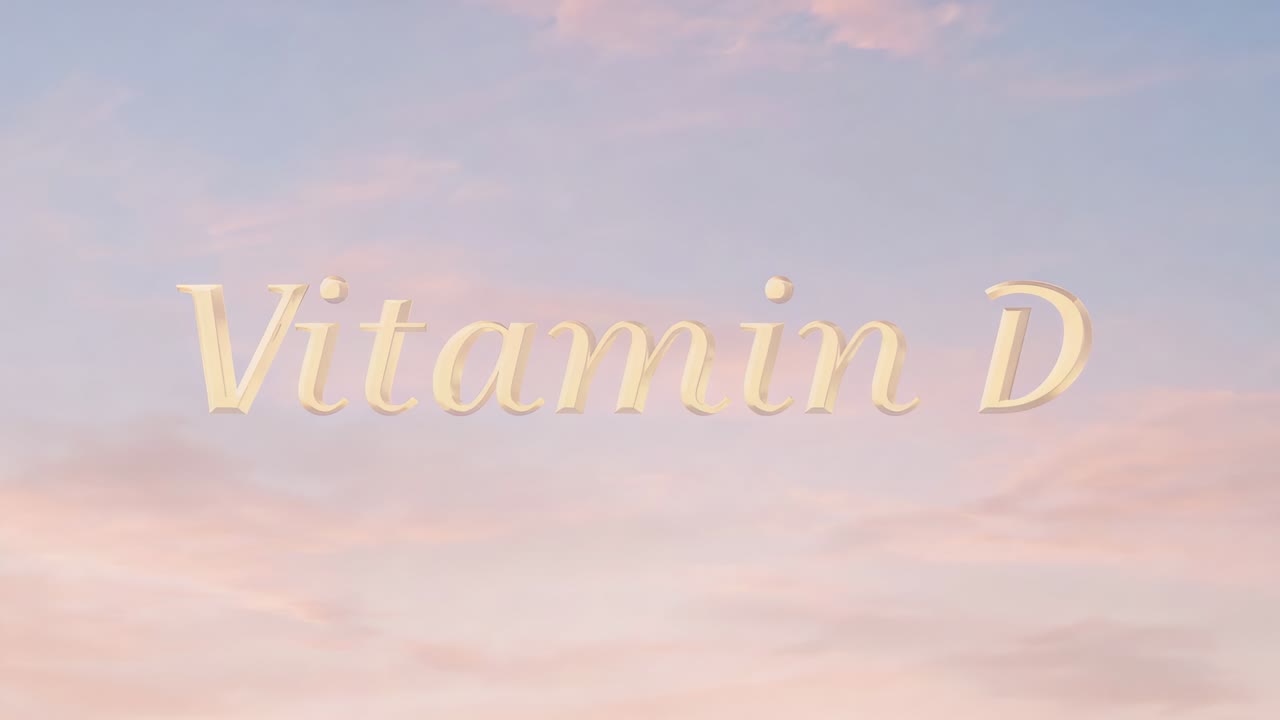 Presenting gold 3D serif title Vitamin D shimmering over pastel pink clouds during frame changes