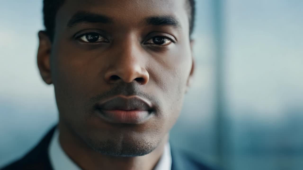 Close up of a young businessmans face, confidently looking at the camera with a serious expression in a corporate setting