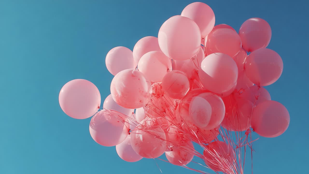 Una splendida esposizione di palloncini rosa su un cielo azzurro terso, che cattura momenti gioiosi di festa e felicità in vivaci combinazioni di colori