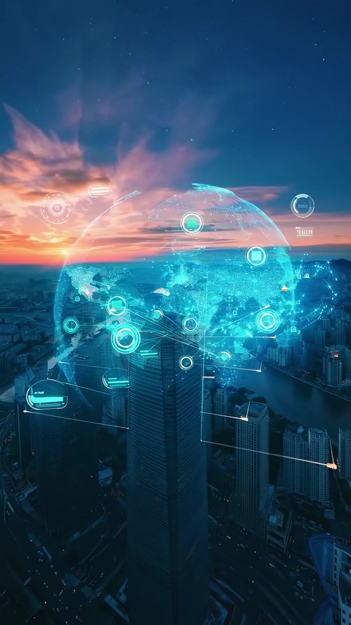 Rete globale futuristica che collega una smart city al tramonto