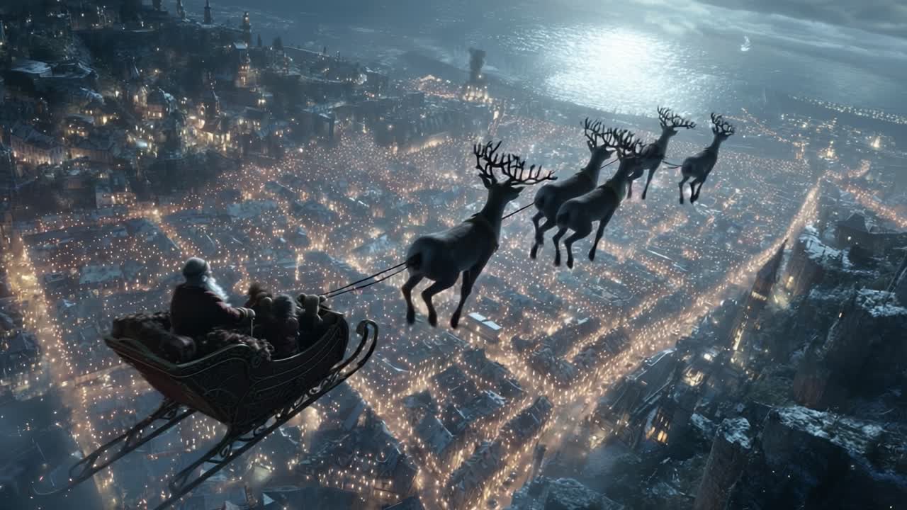 A Magical Night Flight: A Sleigh Soars Through a Twinkling City Under a Moonlit Sky with Reindeer Leading the Way, Spreading Joy and Wonder on Christmas Eve