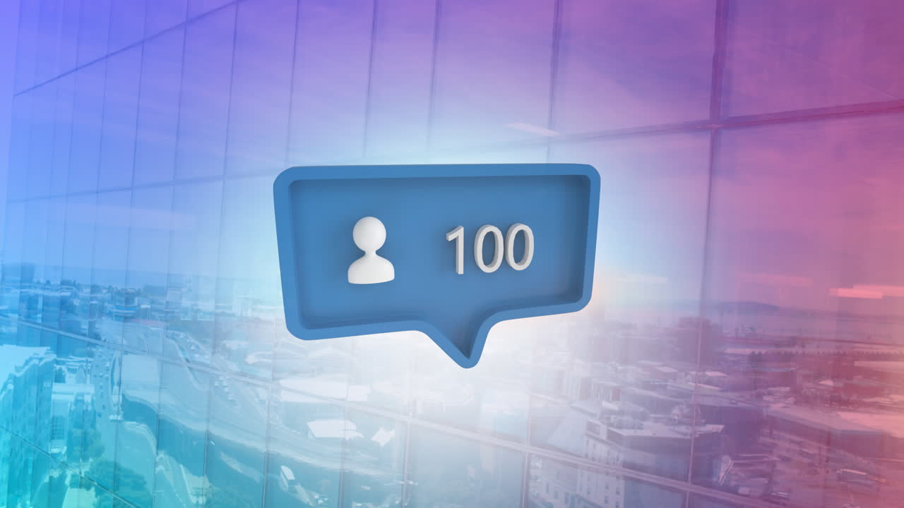 animación de burbuja de habla con icono de personas y números que crecen sobre el paisaje urbano