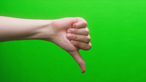 close-up of a hand gesture on a green background, dislike gesture, shooting a gesturing in studio