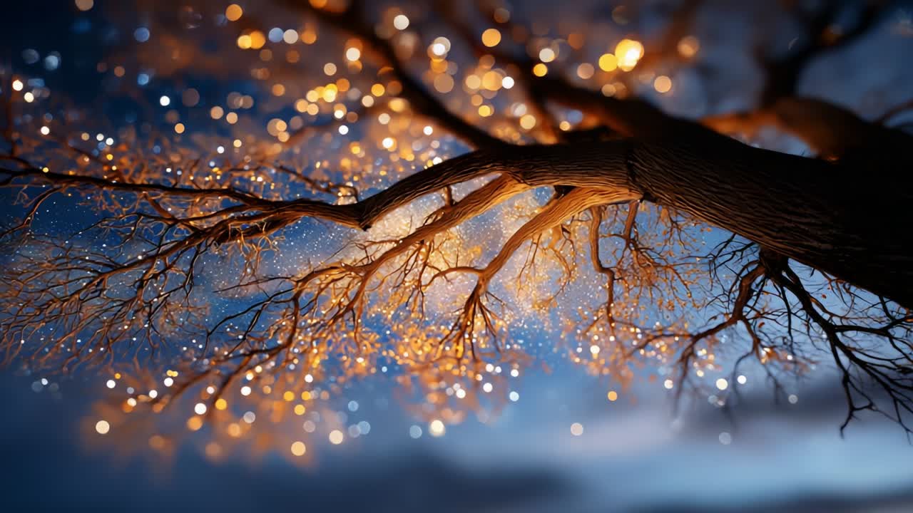 A Stunning Close-Up of a Twinkling Tree Branch against a Twilight Sky, Capturing the Beauty of Nature with Glimmering Lights and an Enchanting Atmosphere for a Dreamlike Visual Experience