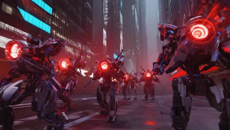 futuristic cyberpunk city with robots