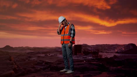 trabajador de la construcción en la cantera al atardecer