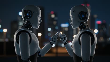 two advanced humanoid robots engaged in communication at night against a blurry city skyline, showcasing futuristic technology and interaction