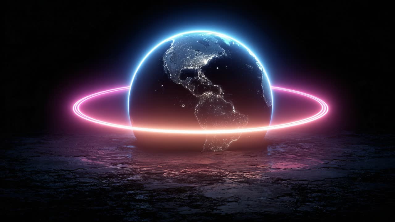 Glowing neon light rings orbiting the planet Earth at night with city lights illuminating the continents of America. An abstract futuristic sci fi concept showing a blue halo and a rotating pink ring