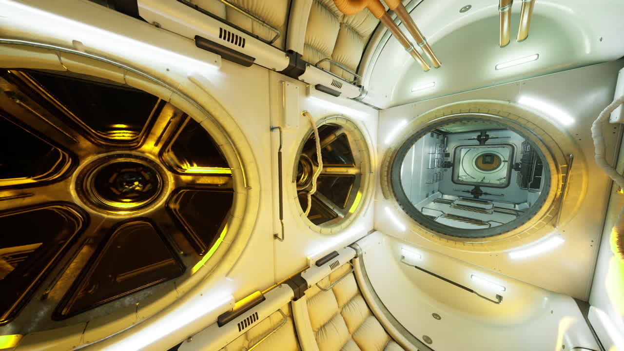 Modern space station corridor with circular modules and sleek design elements