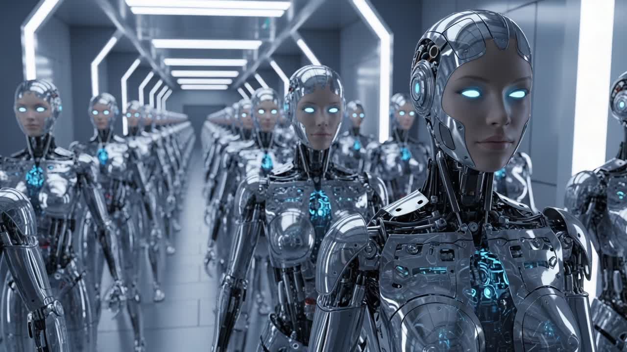 An Impressive Lineup of Futuristic Androids in a High-Tech Corridor Showcasing Advanced Robotics and Sophisticated AI Technology in a Sleek, Metallic Environment