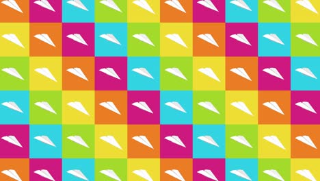 colección de aviones de papel hechos a mano. animación de bucle de avión de papel blanco que fluye sobre un fondo colorido. concepto de conexión de negocios. avión de origami volando.