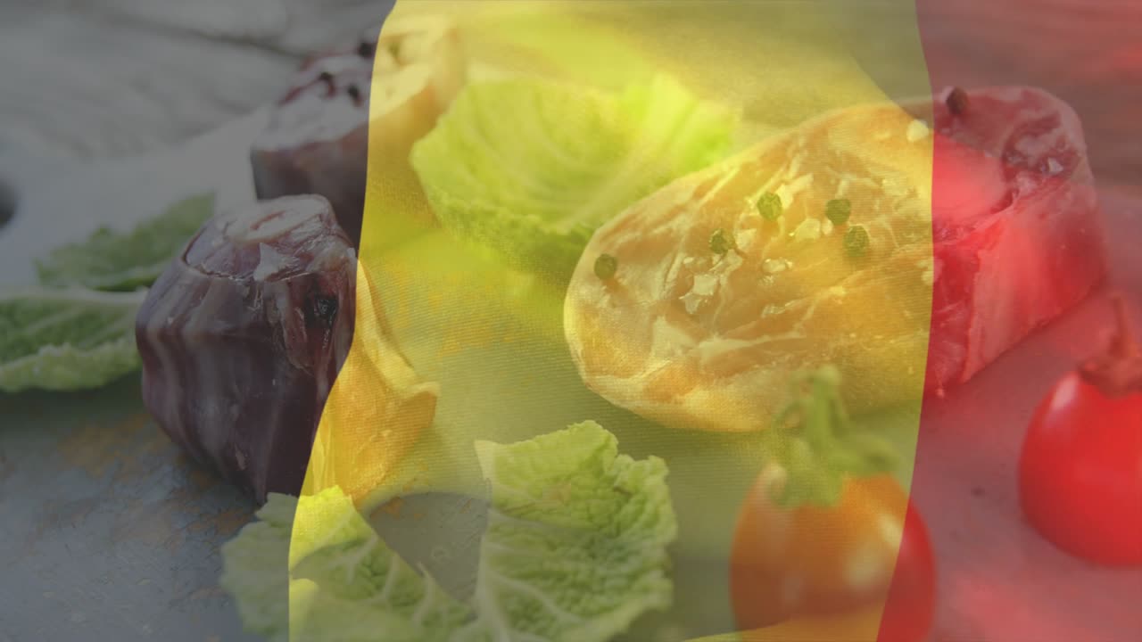 All'inizio, una sovrapposizione a bandiera che sventola a destra, rivelando crostini e pomodori per mostrare un piatto.
