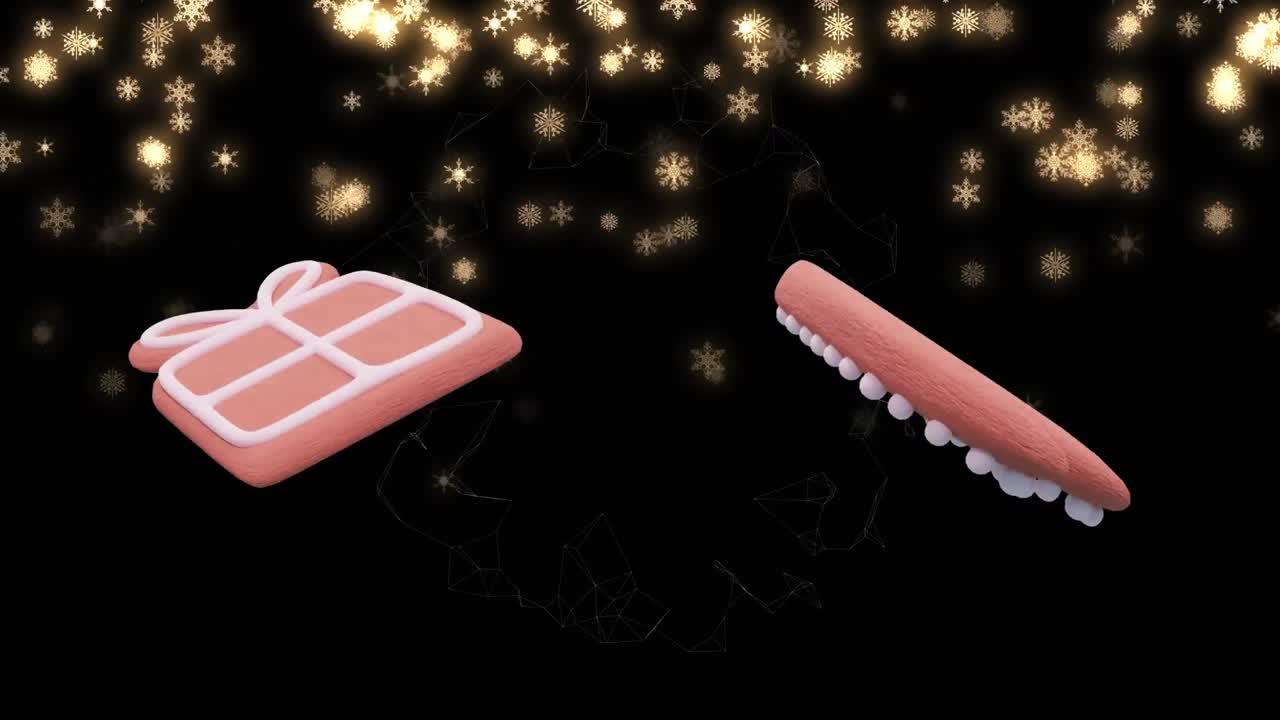 검은 바탕에 떨어지는 반 ⁇ 이는 눈송이 위에 크리스마스 진저브레드 쿠키의 애니메이션