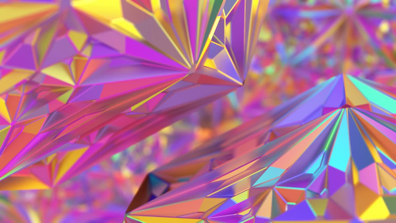 Sfondo iridescente astratto di cristallo, animazione geometrica rotante, profondità di campo della fotocamera macro, risoluzione 4K.