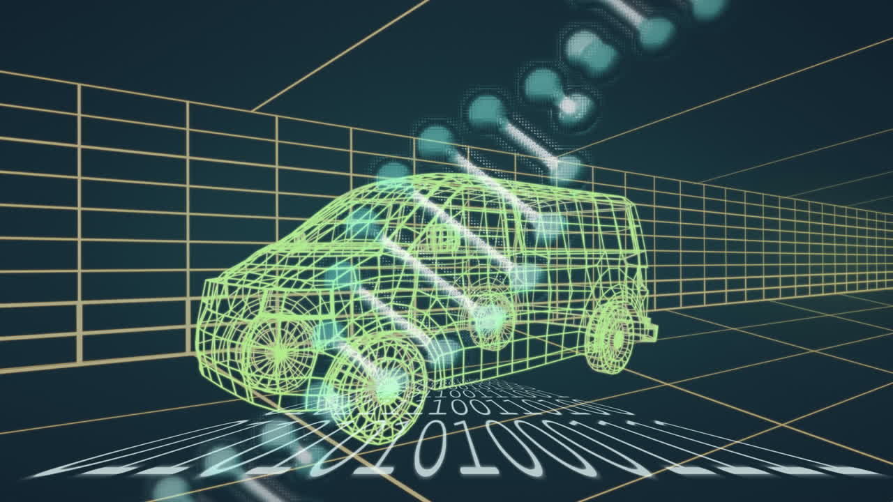 밴과 그리드의 3d 드로잉 모델에 대한 dna 스트랜드와 바이너리 코딩의 애니메이션