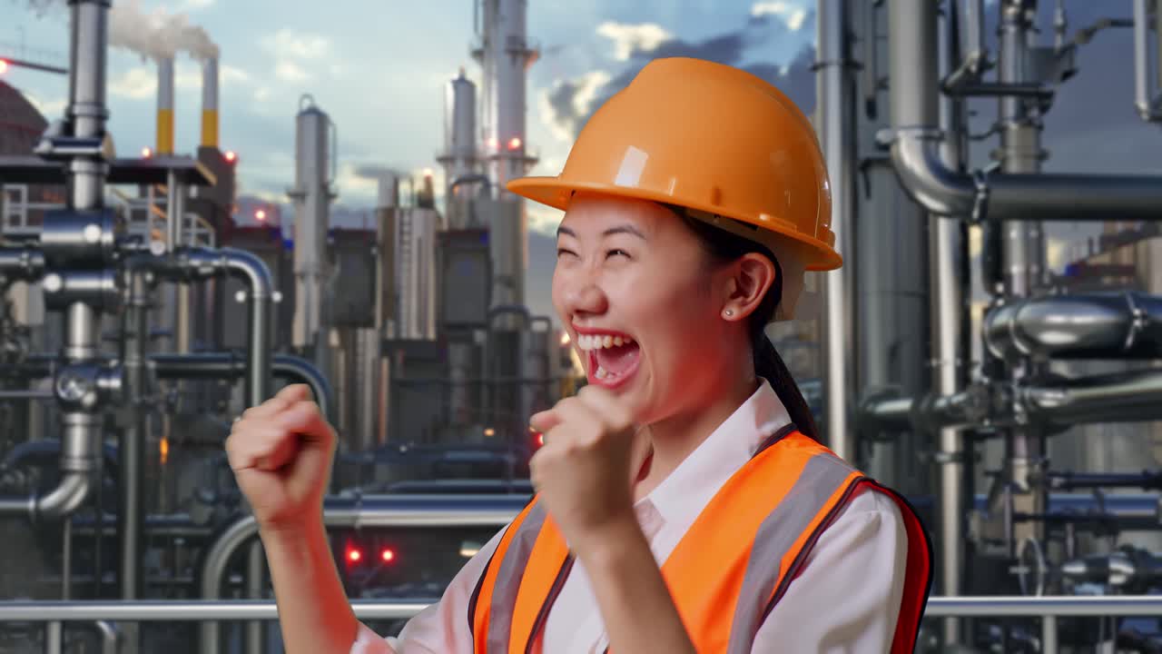 Close Up Of Side View Of Asian Female Engineer With Safety Helmet Screaming Goal Celebrating Working In a Refinery, Oil Processing Equipment And Machinery