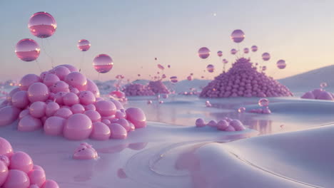 dreamy pastel landscape with pink spheres