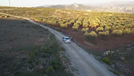toma aérea siguiendo a un auto en el campo