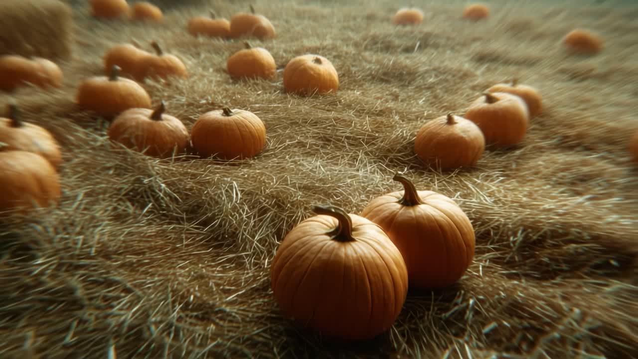 A Beautiful Harvest Scene with Rows of Orange Pumpkins Surrounded by Hay, Capturing the Essence of Autumn and the Bounty of the Season in a Rural Setting