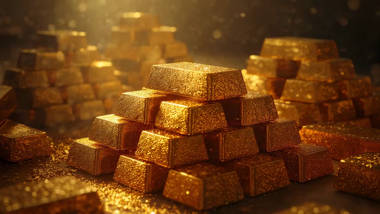 Descending beams illuminating gold bar pyramid on reflective floor, scattering gold dust