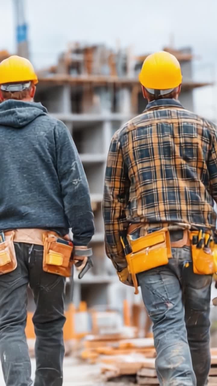 Two Construction Workers in Hard Hats Walking Towards a Building Site, Preparing for Their Next Project Amongst Tools and Materials on a Busy Construction Site
