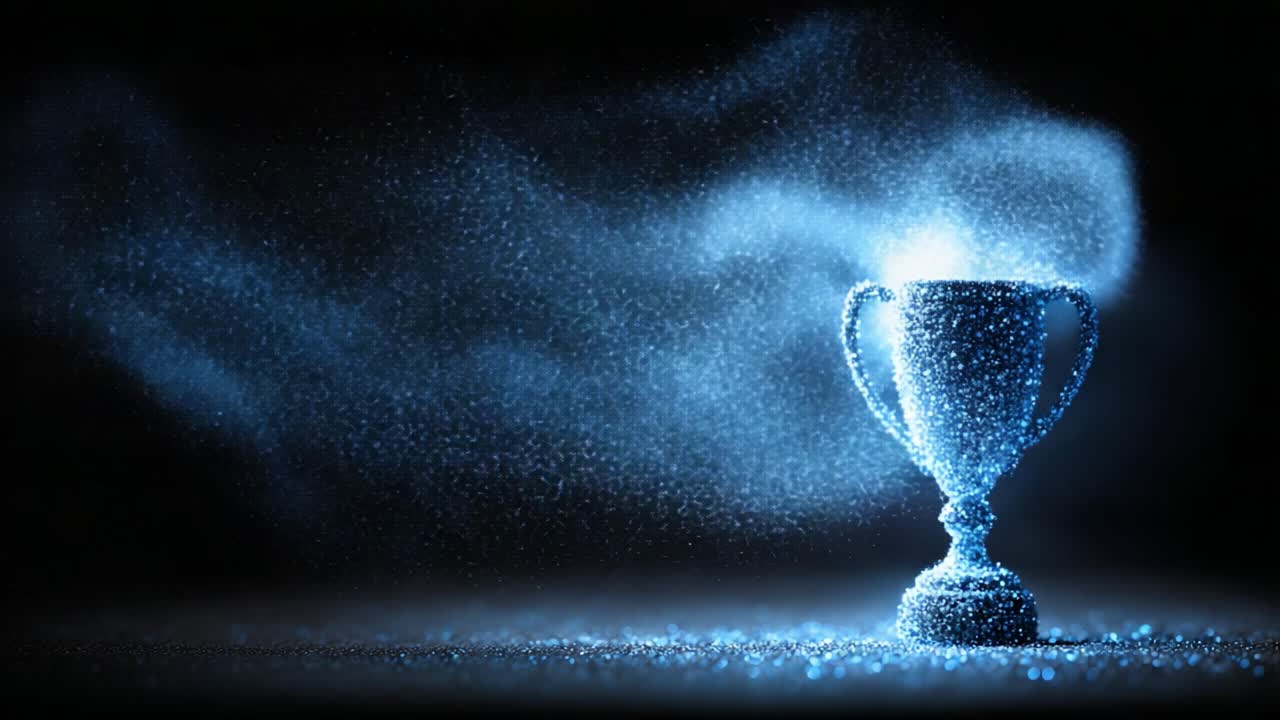Uno sguardo mozzafiato a un trofeo che emerge da una mistica nuvola di particelle blu, che simboleggia successo e realizzazione in uno stile creativo e surreale.