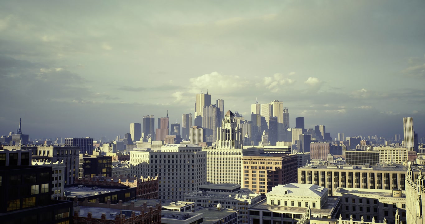 Dramatic weather front casting shadows on city towers and sky