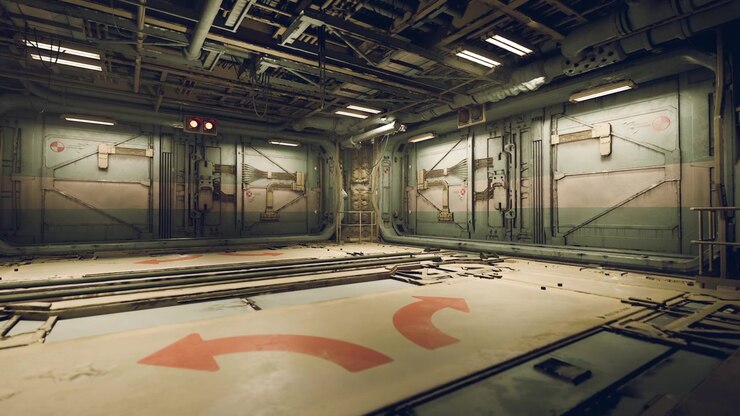 Detailed futuristic interior of a sci fi environment with directional markings
