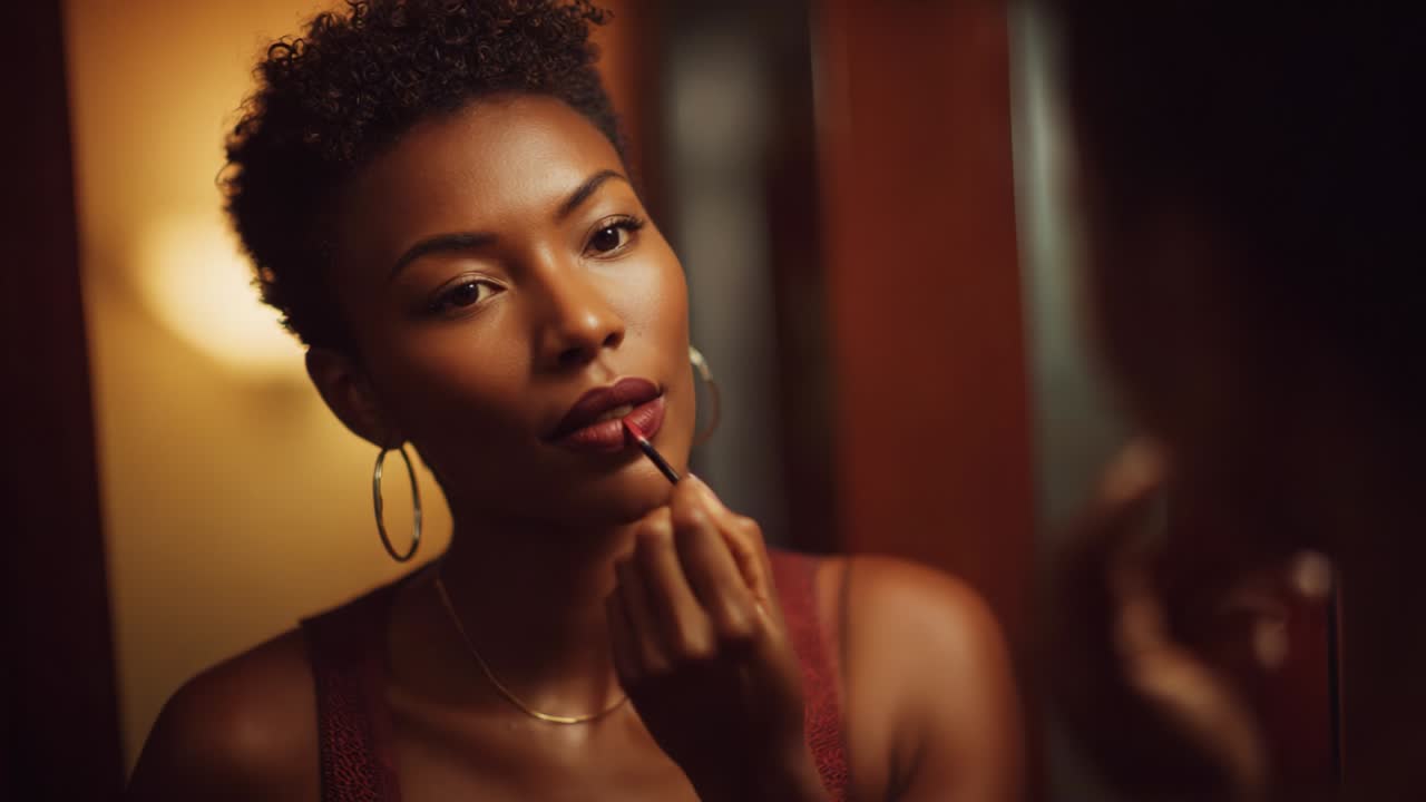A woman carefully applying lipstick in a dimly lit setting, showcasing her features and the reflections in the mirror, emphasizing the artistry of makeup and the intimacy of the preparation process