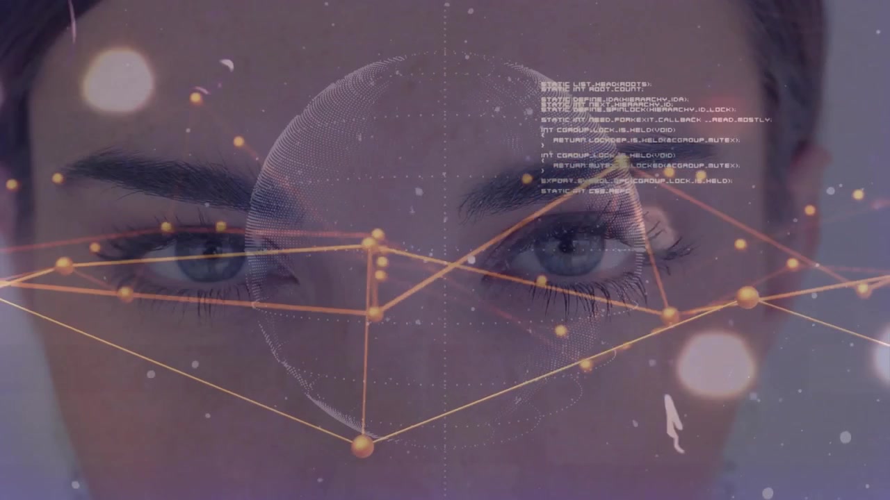 woman closing eyes sphere materializing pulsing technology nodes meshing on face visualizing data