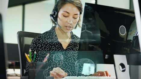 Animation-of-financial-data-processing-over-business-woman-using-phone-headsets