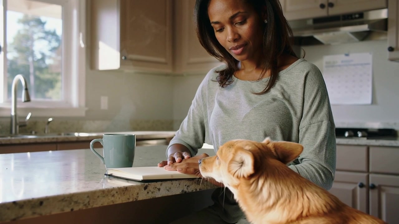 Donna che appoggia le mani sul quaderno, rivedendo appunti e sfogliando pagine sul bancone della cucina vicino a un cane
