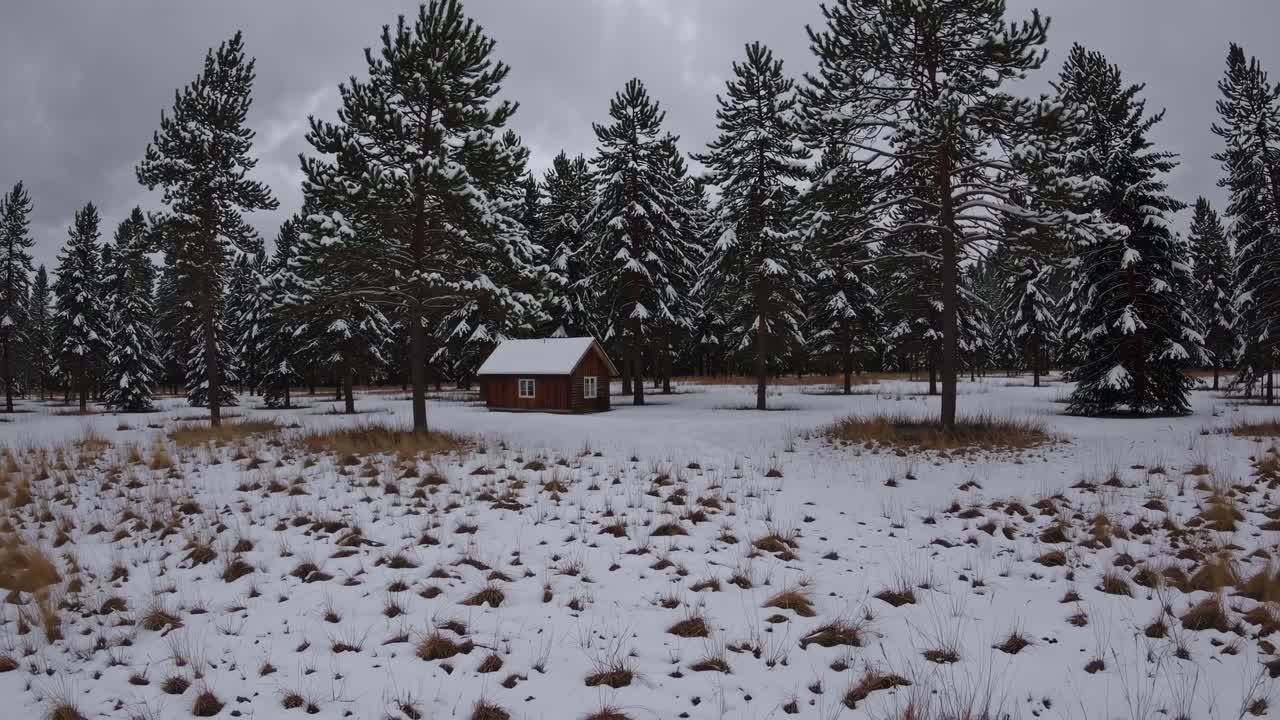 Aerial video captures a cozy cabin amidst snow-covered pine trees, showcasing a serene winter