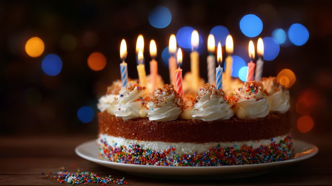Celebrate with Joy: A Beautifully Decorated Birthday Cake Featuring Colorful Candles and Sprinkles, Perfect for Festive Parties and Special Moments