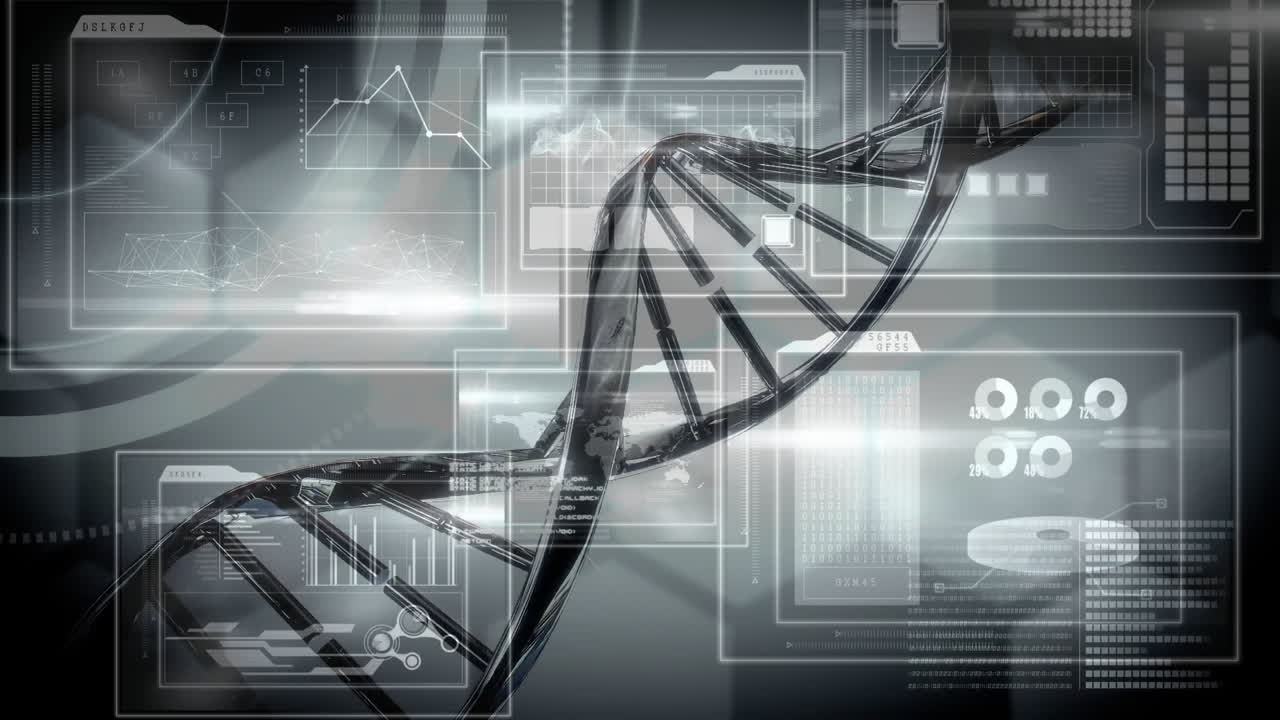 Animation of dna strand over data processing on black background