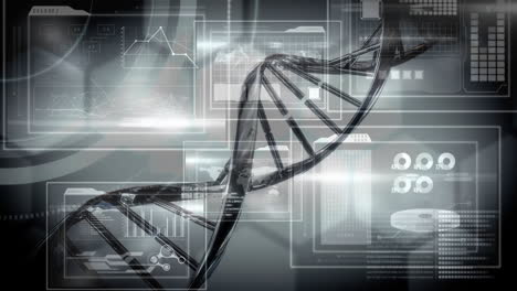animation of dna strand over data processing on black background