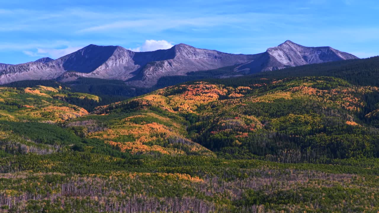 Kebler Pass Crested Butte Colorado: drone aéreo ensolarado de outono com céu azul, árvores de Aspen douradas e coloridas, East Beckwith Mountain Lost Lake Paonia Somerset Ruby Anthracite Trail, nuvem, paralaxe, círculo, panorâmica