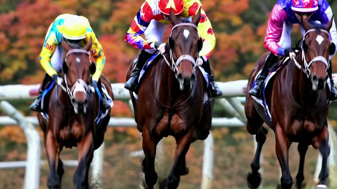 Dynamic low-angle shot of a horse race, capturing the speed and intensity