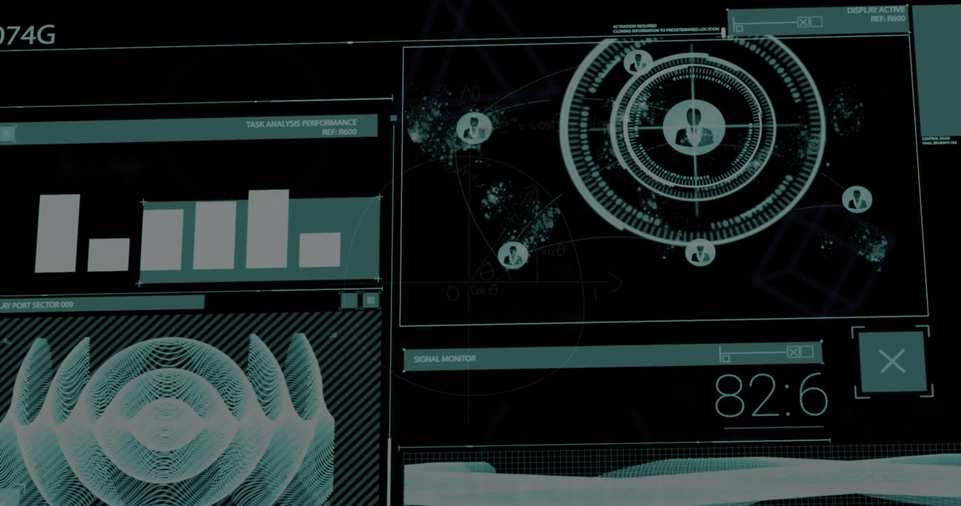 Animation of clock and network of connections on black background