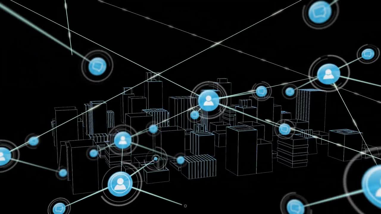 Animation of network of connections with icons over 3d architectural drawing of city in background
