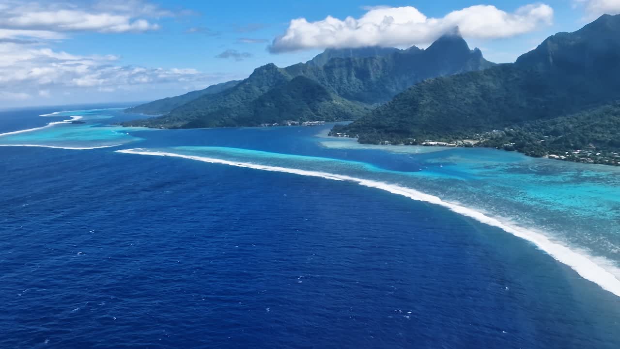 Aerial View of Moorea Island, French Polynesia, Coastline, Coral Reef Barrier and Lagoon