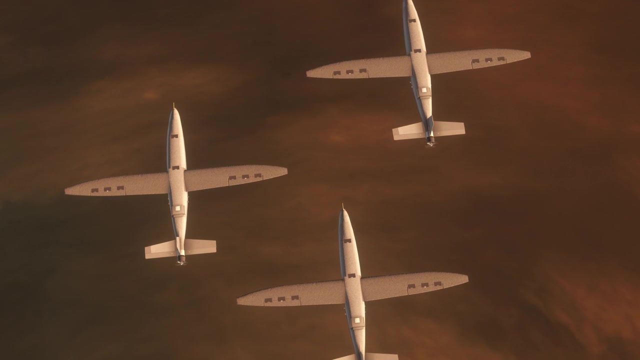Trio di droni kamikaze Hornet ad ala fissa assistiti da IA che volano contro nuvole scure al tramonto diretti verso l'obiettivo. UAV Veicolo Aereo Senza Pilota. Guerra aerea con tecnologia moderna. Rendering 3D