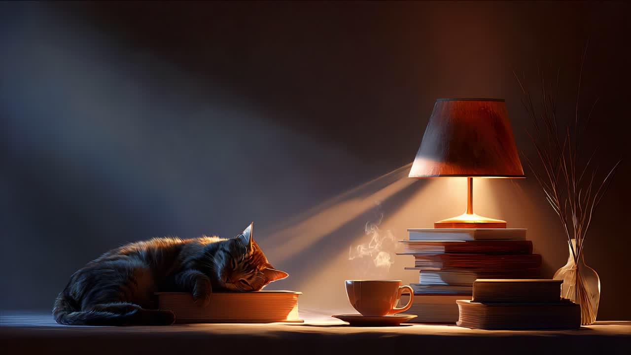 A Cozy Scene with a Sleeping Cat and a Warm Cup of Tea by a Lamp Surrounded by Books, Capturing Tranquility and Comfort in a Serene Setting