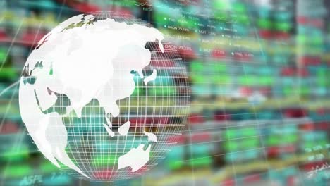 animation of globe and financial data processing over warehouse