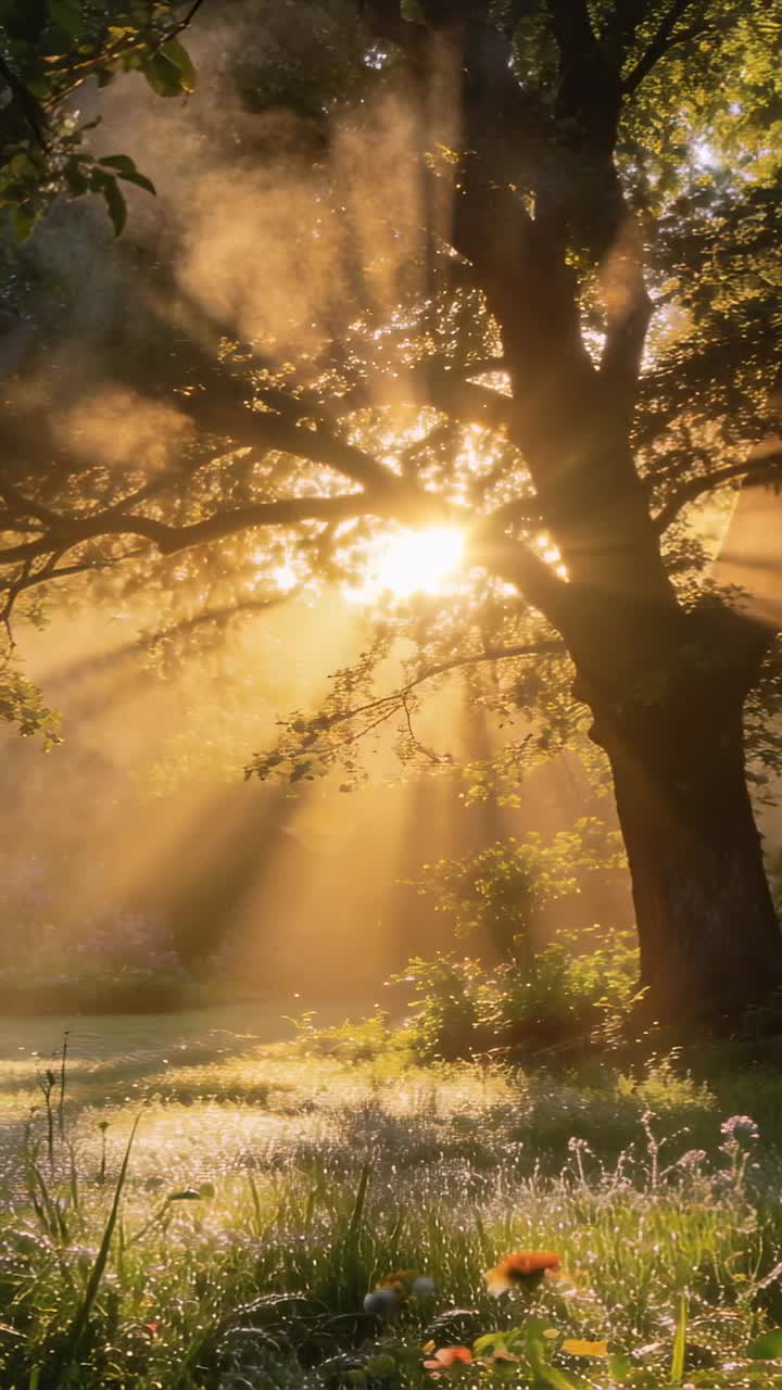 Vertical video: Sending low sun behind large tree casting rays in meadow mist, lighting dew petals