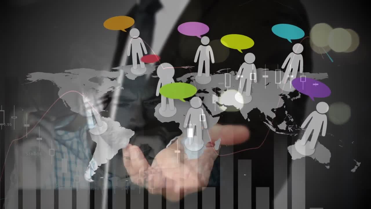Animation of people icons on world map over businessman using interface and data processing