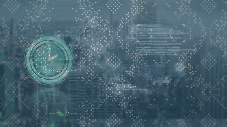 Animation of computer circuit board and moving clock with data processing over cityscape