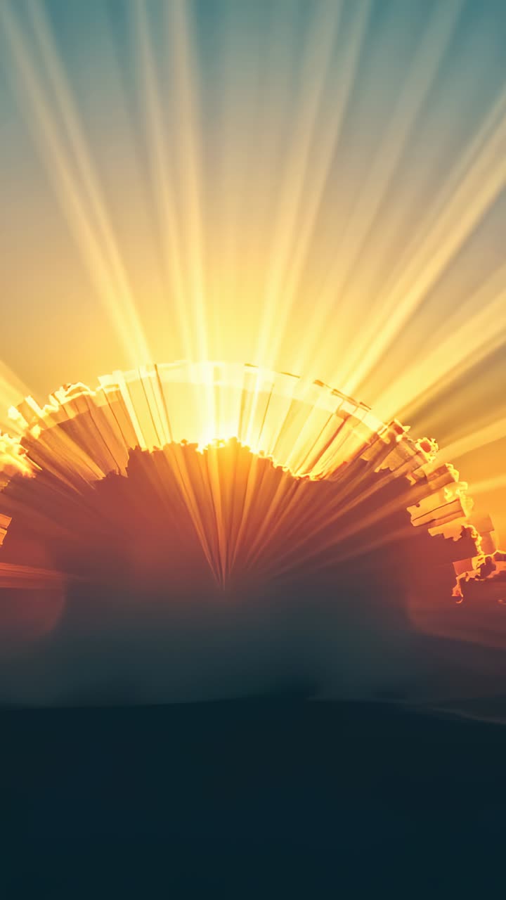 Vertical video: Rising sun hidden behind cloud bank at horizon producing golden rays lighting sky