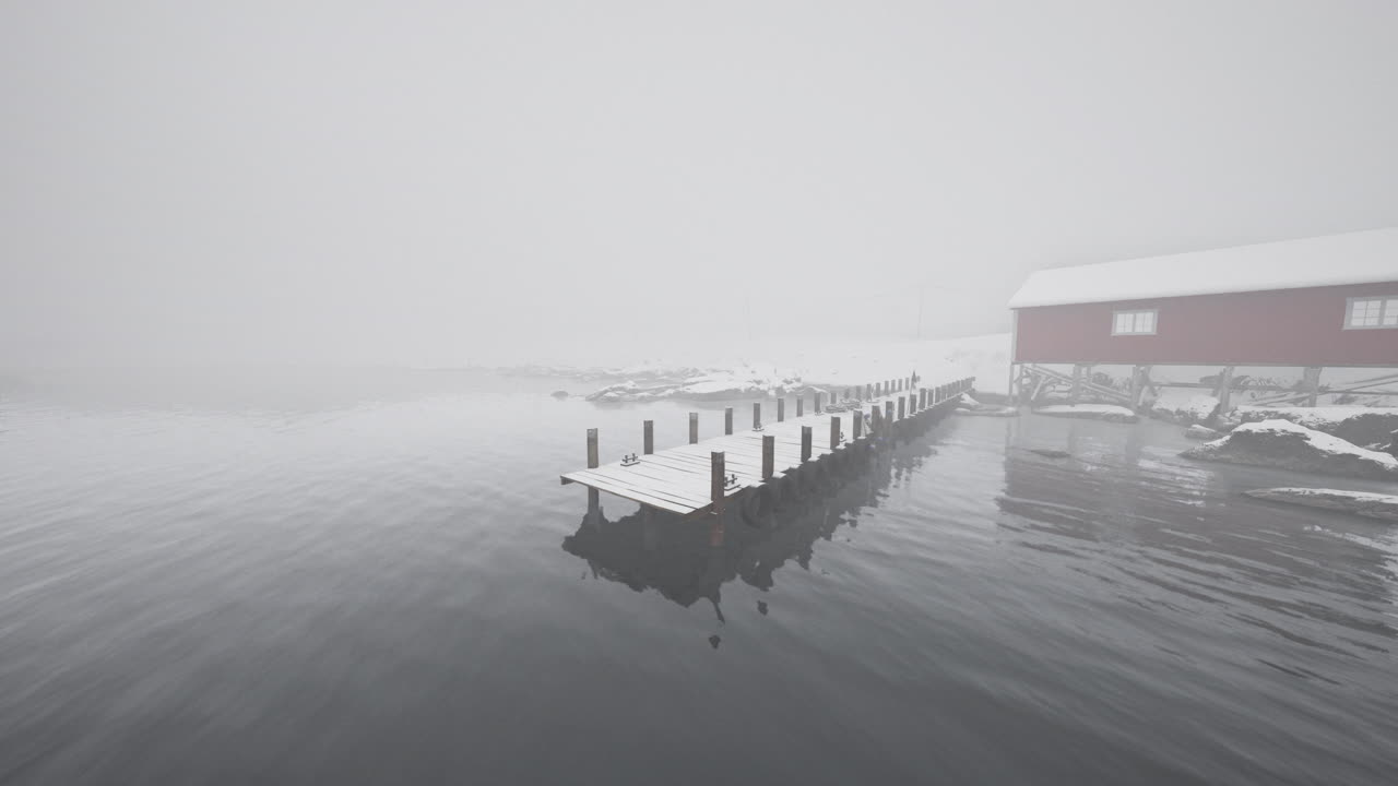 Snowcovered dock in the cold norwegian sea