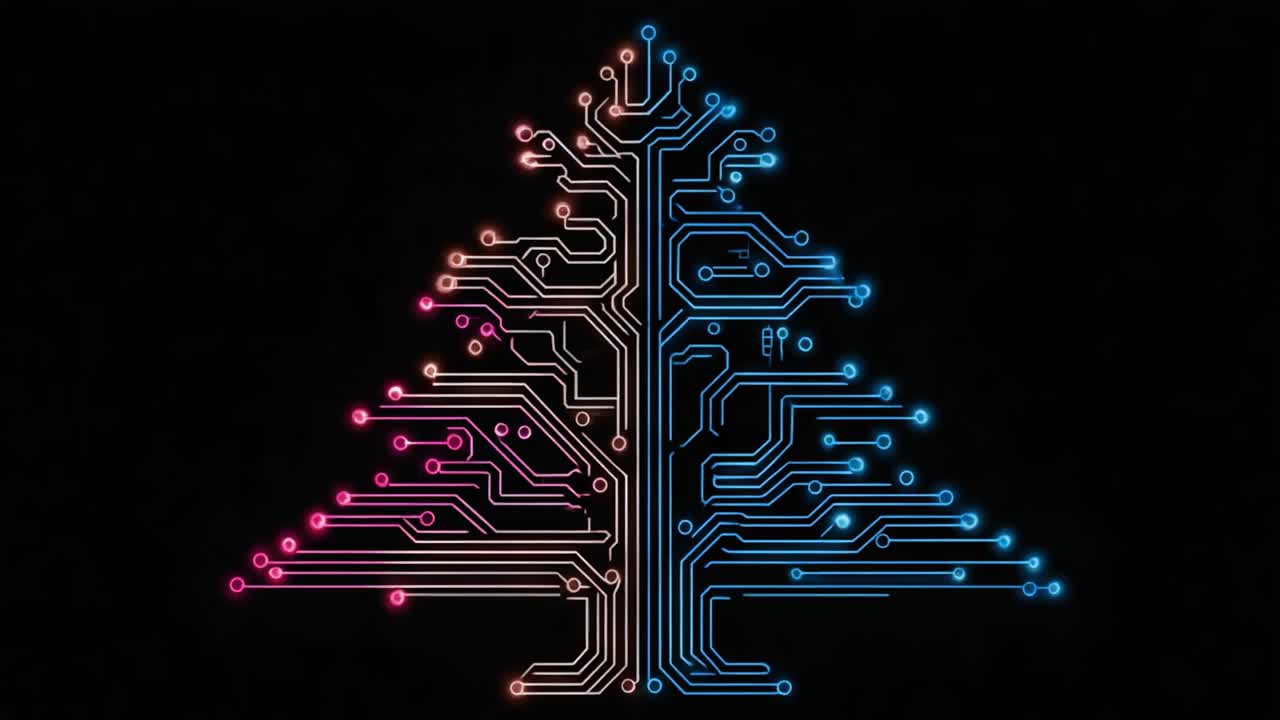 An Artistic Representation of a Circuit Board in the Shape of a Tree, Blending Technology and Nature with Vibrant Colors on a Dark Background